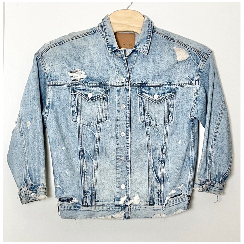 American Eagle Trucker Jean Jacket Women's Medium Blue Distressed Denim Stretch